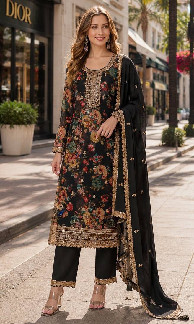 black embroidered silk blend salwar suit