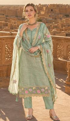 sea green embroidered silk blend salwar suit 1