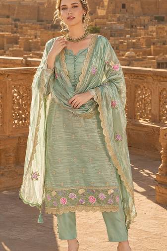 sea green embroidered silk blend salwar suit