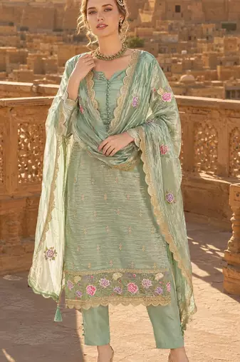 sea green embroidered silk blend salwar suit