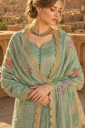 sea green embroidered silk blend salwar suit