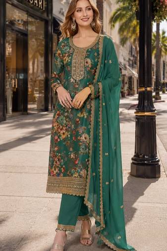 green embroidered silk blend salwar suit