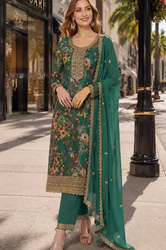 green embroidered silk blend salwar suit