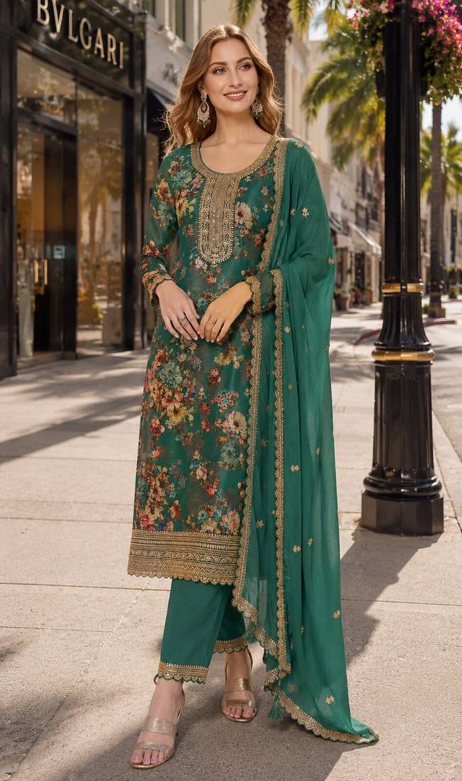 green embroidered silk blend salwar suit