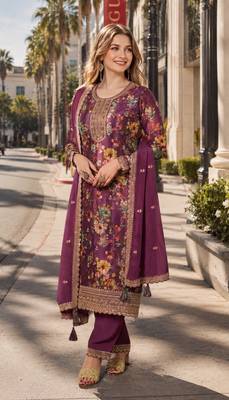 purple embroidered silk blend salwar suit 1