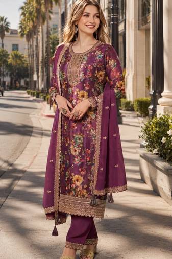 purple embroidered silk blend salwar suit