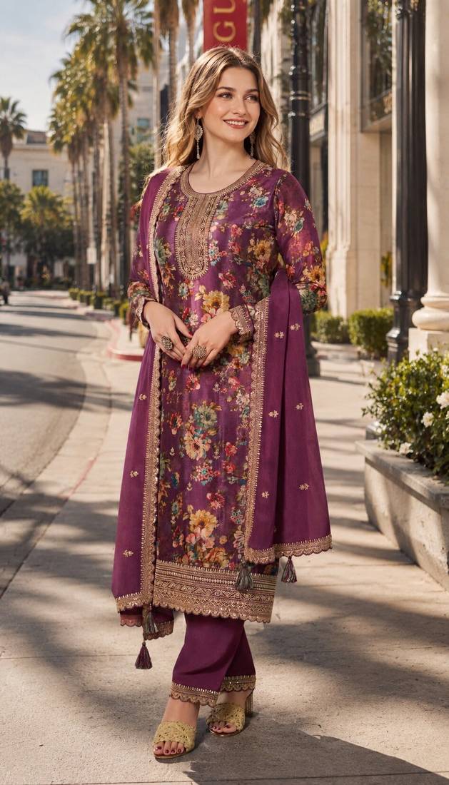 purple embroidered silk blend salwar suit