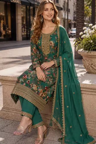 green embroidered silk blend salwar suit