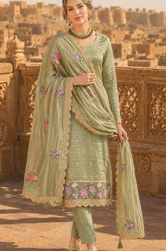olive embroidered silk blend salwar suit
