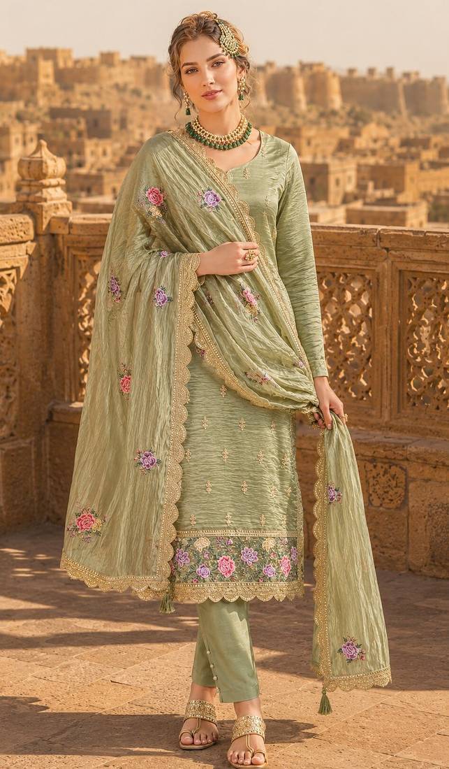 olive embroidered silk blend salwar suit