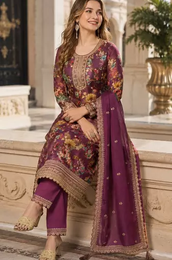 purple embroidered silk blend salwar suit