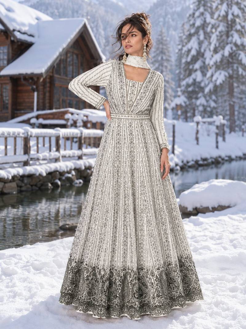 white embroidered georgette anarkali suit