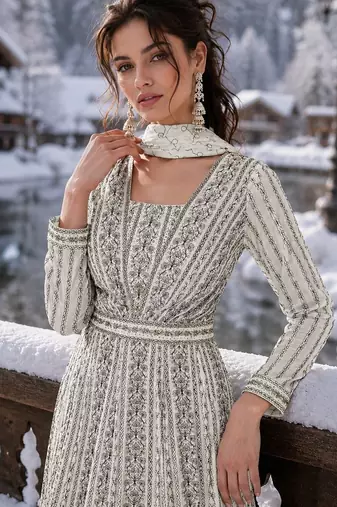 white embroidered georgette anarkali suit