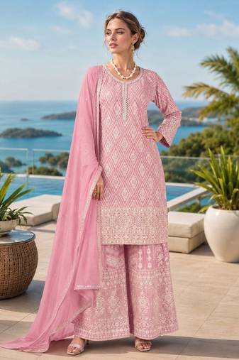 pink embroidered georgette silk blend georgette salwar - free size