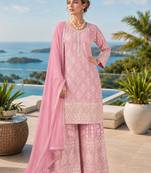 pink embroidered georgette silk blend georgette salwar - free size