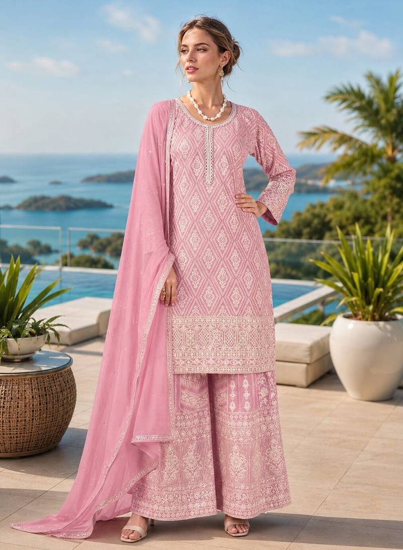 pink embroidered georgette silk blend georgette salwar - free size