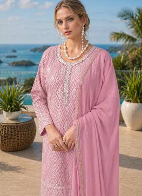 pink embroidered georgette silk blend georgette salwar - free size 2