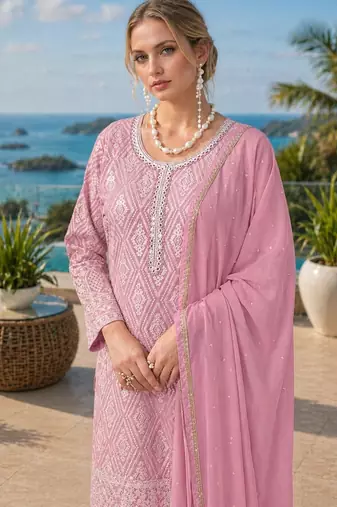 pink embroidered georgette silk blend georgette salwar - free size