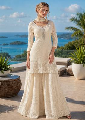 cream embroidered georgette silk blend georgette salwar - free size 1
