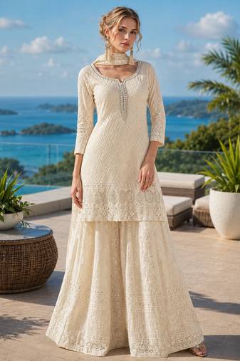 cream embroidered georgette silk blend georgette salwar - free size