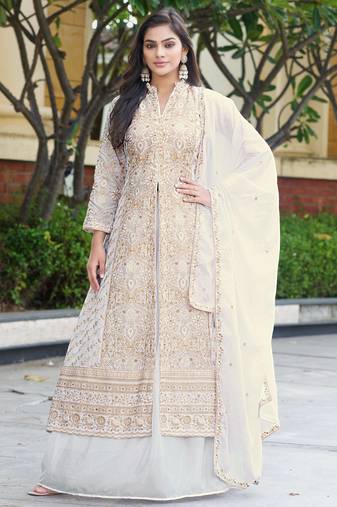 Off White Chinon Stitched Top With lehenga and Dupatta Full Sleeve Embroidered Lehenga Set