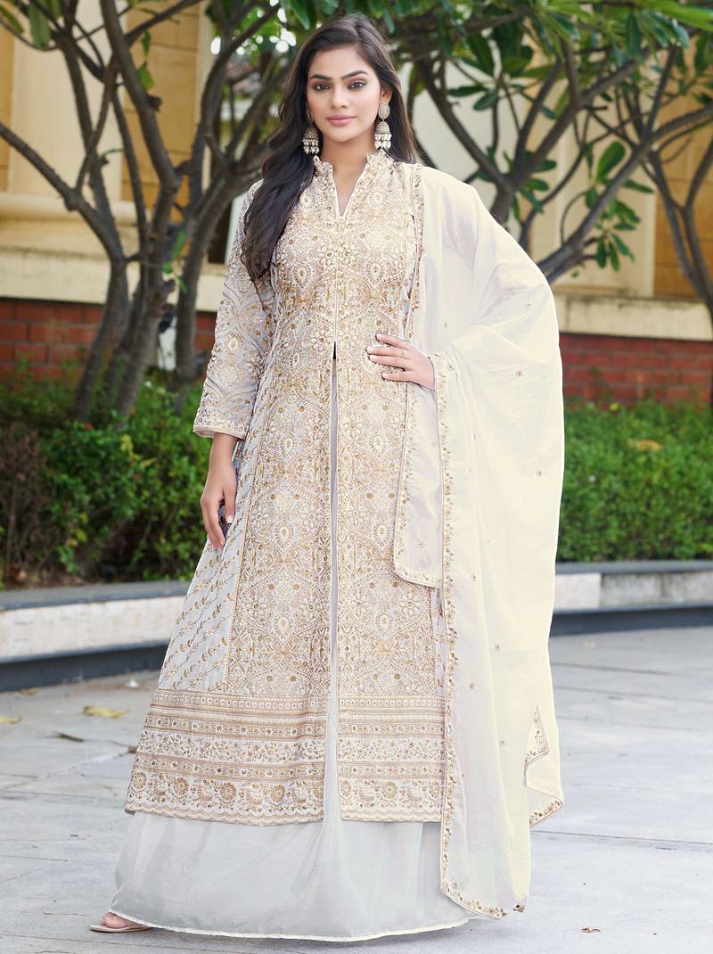 Off White Chinon Stitched Top With lehenga and Dupatta Full Sleeve Embroidered Lehenga Set