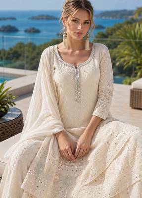 cream embroidered georgette silk blend georgette salwar - free size 2
