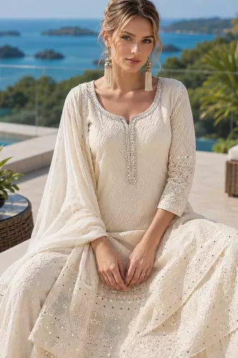 cream embroidered georgette silk blend georgette salwar - free size