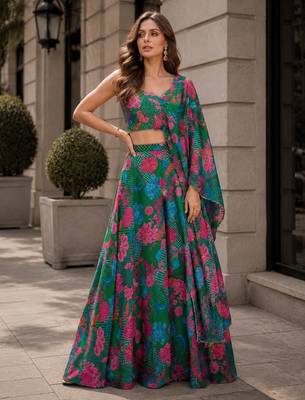 dark green digital print silk blend indo western - free size 1