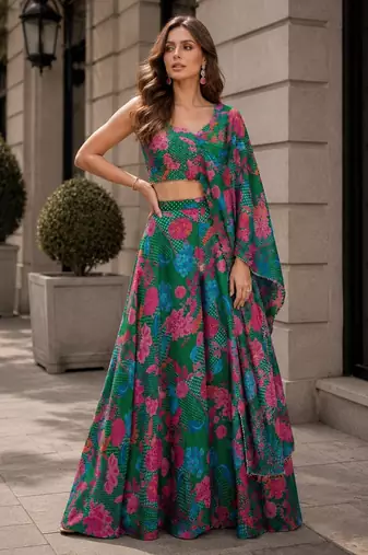 dark green digital print silk blend indo western - free size