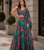 dark green digital print silk blend indo western - free size