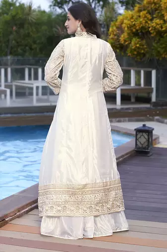 Off White Chinon Stitched Top With lehenga and Dupatta Full Sleeve Embroidered Lehenga Set