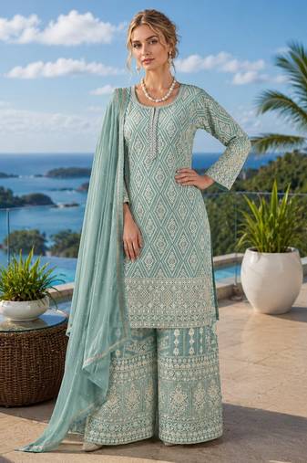 sky blue embroidered georgette silk blend georgette salwar - free size