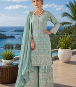 sky blue embroidered georgette silk blend georgette salwar - free size