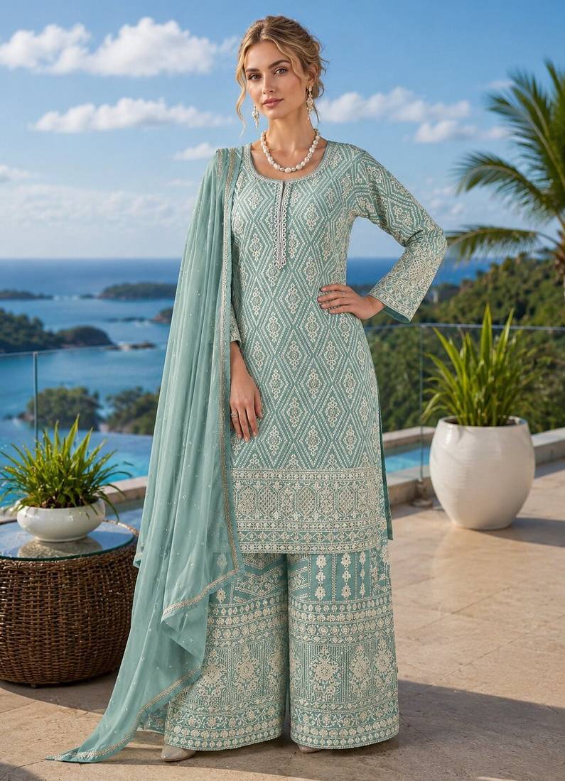 sky blue embroidered georgette silk blend georgette salwar - free size