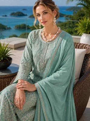 sky blue embroidered georgette silk blend georgette salwar - free size 2