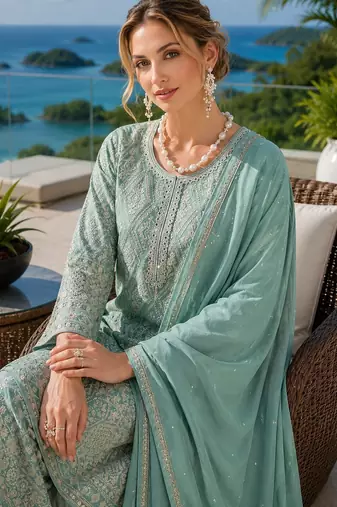 sky blue embroidered georgette silk blend georgette salwar - free size