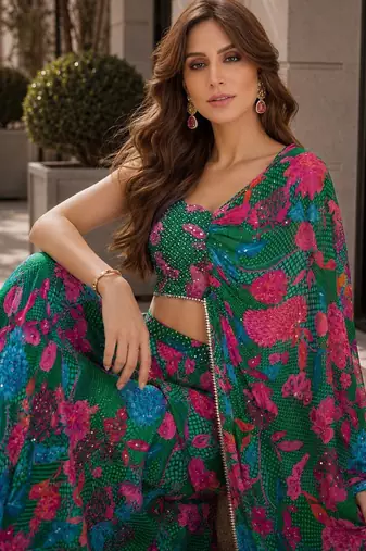 dark green digital print silk blend indo western - free size