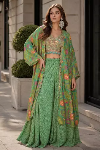 green digital print silk blend indo western - free size