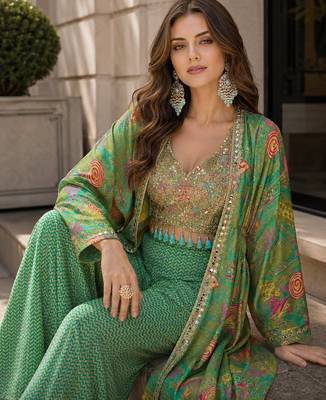 green digital print silk blend indo western - free size 2