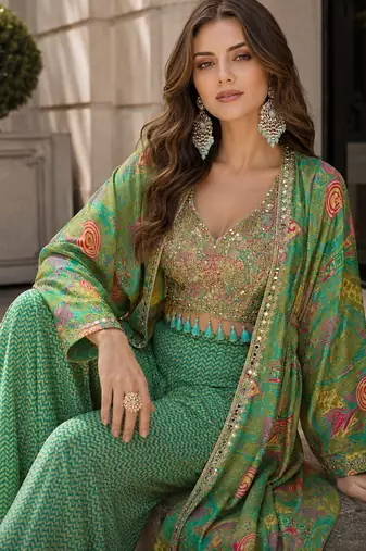 green digital print silk blend indo western - free size