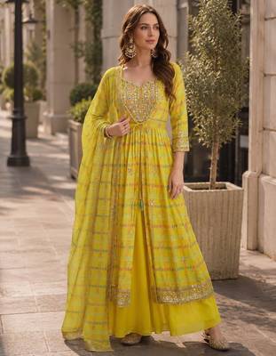 yellow digital print silk blend indo western - free size 1