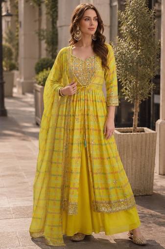 yellow digital print silk blend indo western - free size