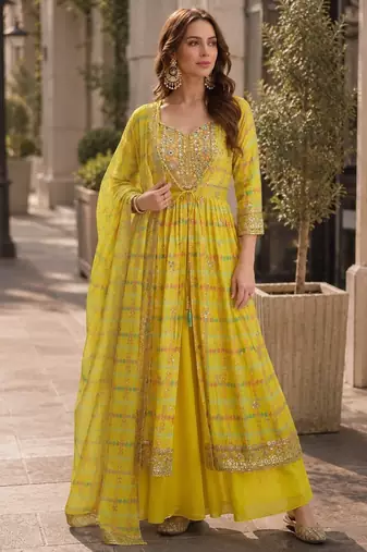 yellow digital print silk blend indo western - free size