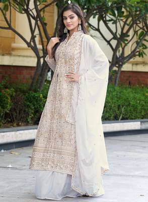 Off White Chinon Stitched Top With lehenga and Dupatta Full Sleeve Embroidered Lehenga Set 3