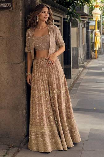 brown embroidered georgette silk blend georgette salwar - free size