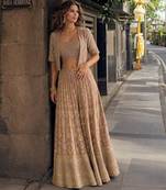 brown embroidered georgette silk blend georgette salwar - free size