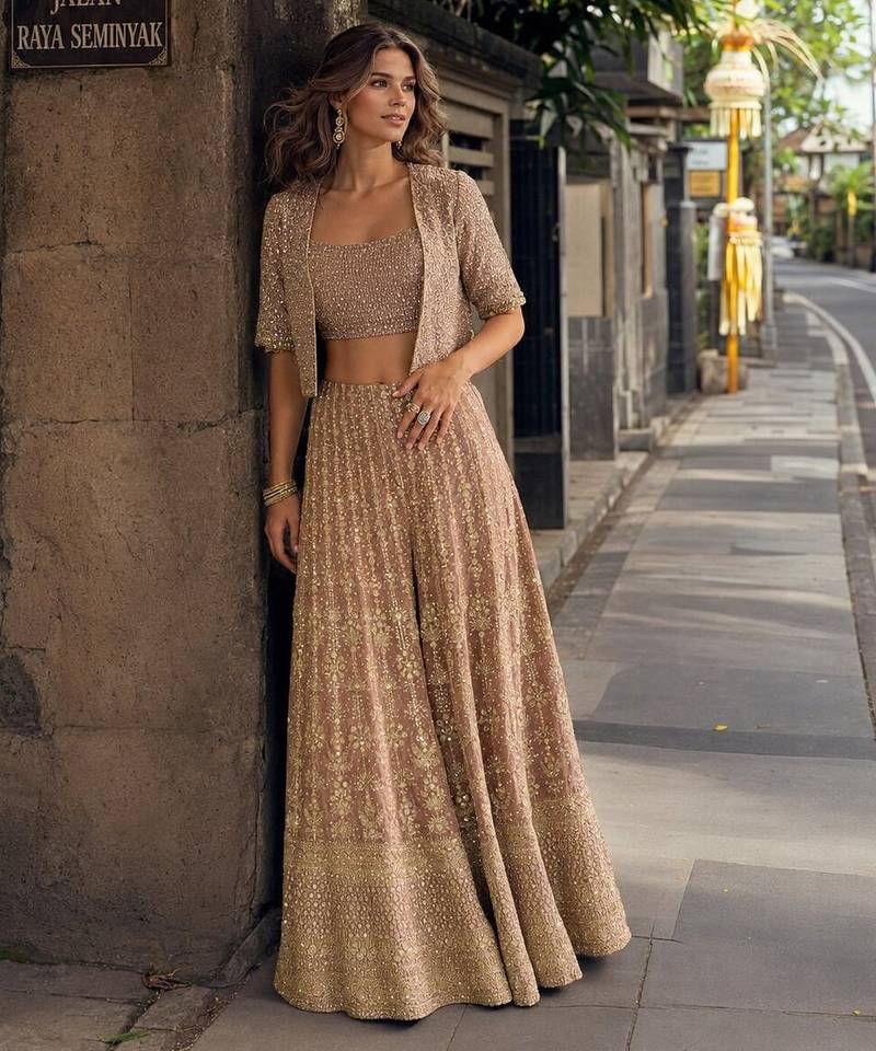 brown embroidered georgette silk blend georgette salwar - free size
