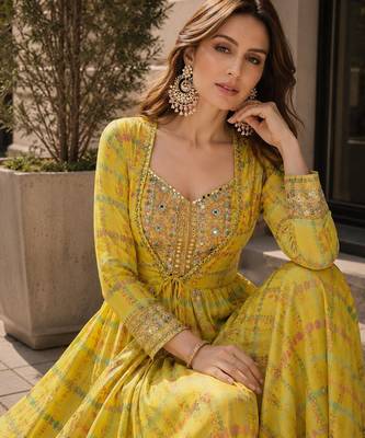 yellow digital print silk blend indo western - free size 2