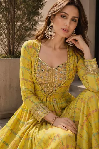yellow digital print silk blend indo western - free size